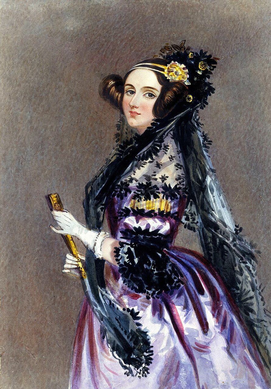Watercolour portrait of Ada Lovelace around 1840: a young woman in a white and lilac evening dress with a dark lace shawl, flowers in her hair