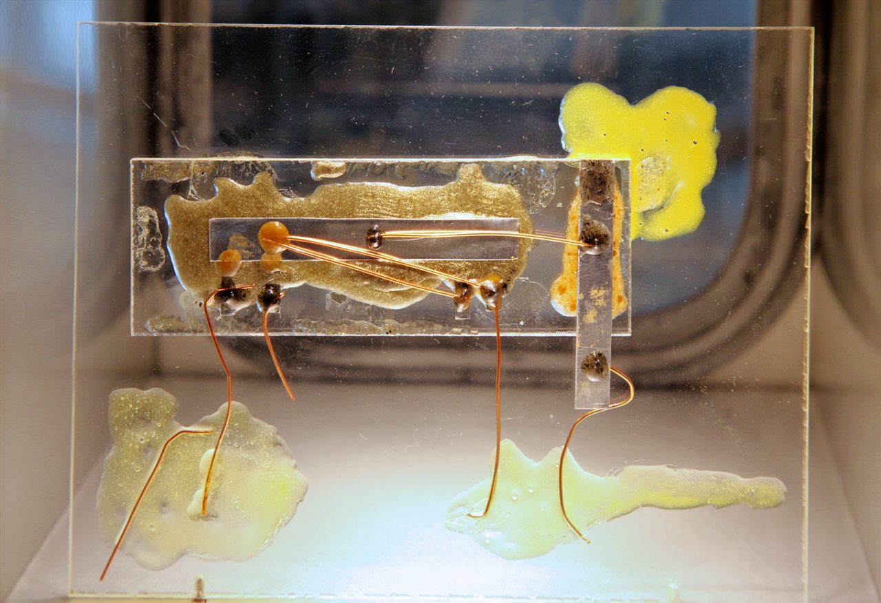 A replica of Kilby's 1958 circuit in a clear acrylic block: a thin bar of germanium on a glass slide with fine wires arching between its parts and blobs of wax holding the leads