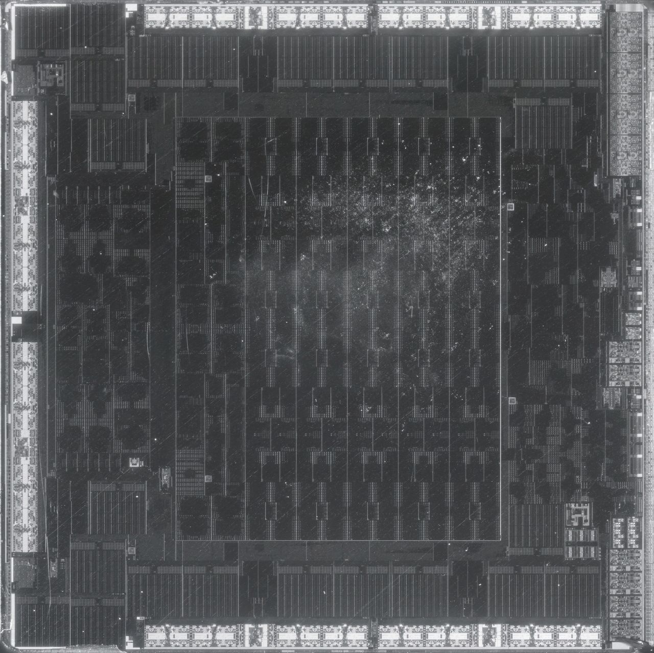 Infrared photograph of the Navi 22 die in grey tones: a nearly square chip with bright interface strips along the edges, broad bands of finely ruled blocks just inside the top and bottom edges, and a large central area of repeated vertical structures