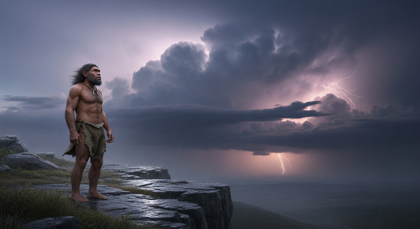 Early human standing on a cliff in a storm, looking at lightning, illustrating our ancestral drive to predict weather